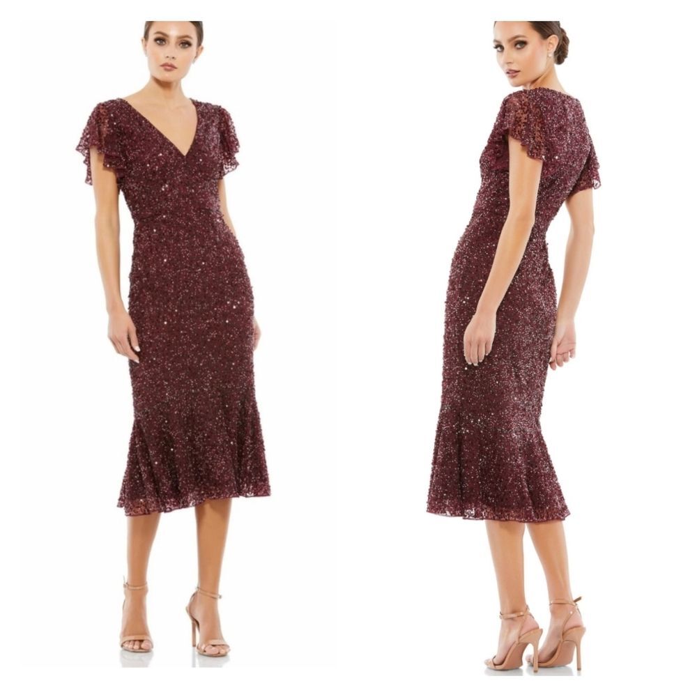 Mac Duggal Sequin Shimmer Midi Cocktail Party Dress Flutter Hem Butterfly Sleeve